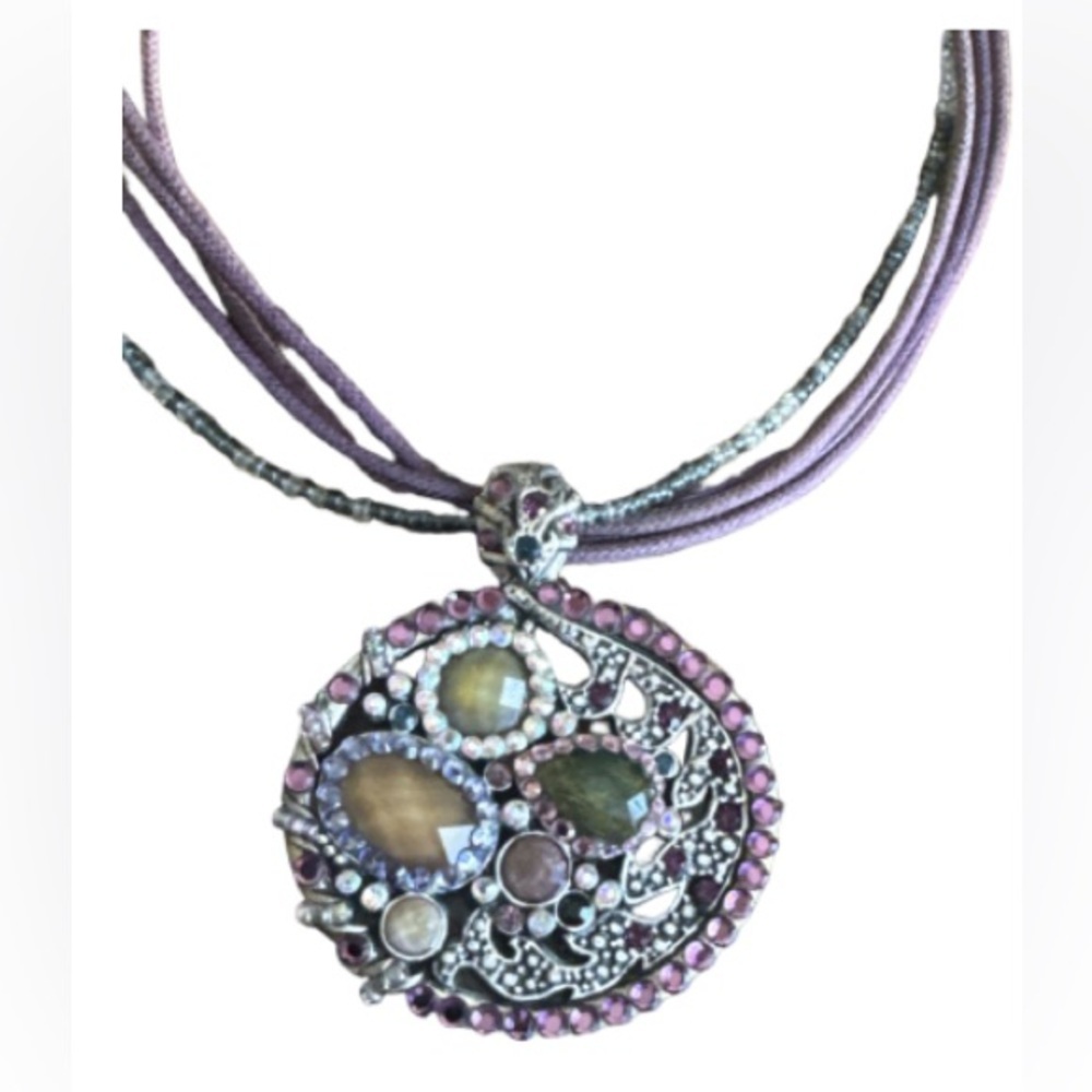 Mixed cord Purple and Silver Pendant statement Necklace